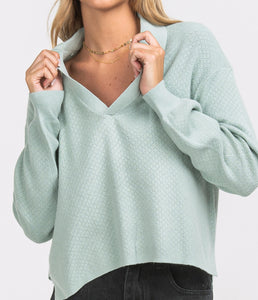 LADIES SOUTHERN SHIRT KNIT POLO SWEATER - MOON MIST