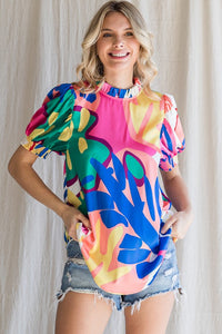 COLORFUL PRINTED FRILLED NECK TOP - PINK MULTI