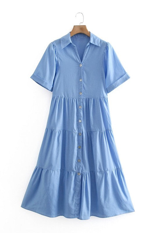 SOLID BUTTON DOWN COLLARED LONG DRESS